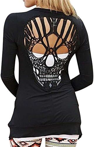 KOINECO Long Sleeve Open Front Back Cut Out Skull Cardigan Tops with Pockets