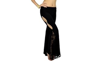 Calcifer Pantalones de danza del vientre con aberturas laterales de encaje sólido para mujer bailarina profesional (negro)