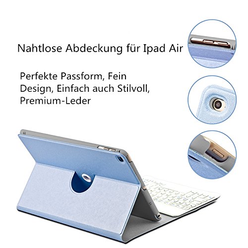 iPad Air 2 Deutsche Bluetooth Tastatur, COO Schutzhülle-Tastatur für Neue Apple iPad(2017)/ iPad Air / Air 2, iPad 5/6, 3in1 Tastatur gilt für IOS, Android, windows System, auch Smart cover mit automatischer Wake/sleep Funktion und Multi-Angle Ständer (Himmelblau) - 3