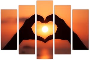 AREDE Set di 5 Stampe da Parete Quadri Moderni Decorazioni da Muro per Casa Soggiorno Camera da Letto e Cucina Tramonto e segno dell'amore con la mano| 120 x 80 cm | Pronto da appendere