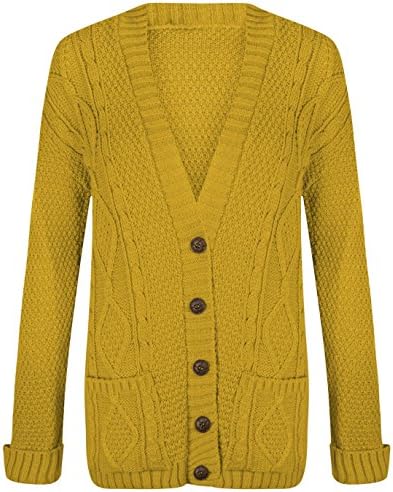 (FF11) Women Ladies Long Sleeve Button Top Chunky Aran Cable Knitted Grandad Cardigan (UK-12-14, Mustard)