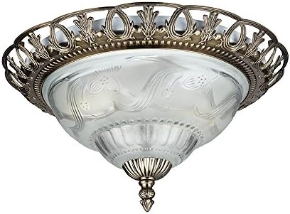 Traditional Antique Brass Flush Ceiling Light Fitting with Floral Glass Shade and decorative Metal Trim - Ideal for Low Ceilings