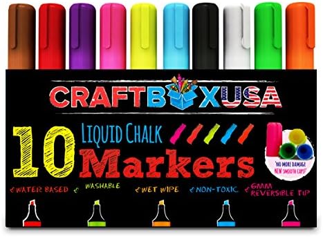 'Liquid Chalk Markers - BRAND NEW Lids to Prevent Damage to the Nib - Craft Box USA - 10 Chalk Ink Pens - 6mm Reversible Tip - Use on Chalk Labels, Glass, Restaurant and Bistro Menu Boards - Kids Art