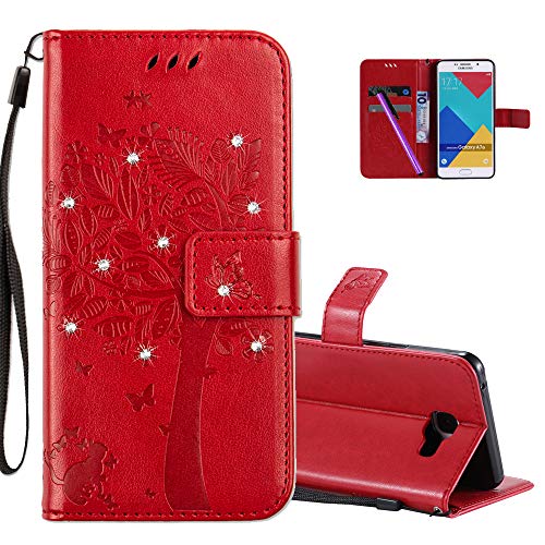 COTDINFOR Galaxy A7 2016 Protection Case for Girls Flip PU Premium Leather Elegant Retro Slim Shockproof Cover With Card Holder For Samsung Galaxy A7 2016 Red Wishing Tree with Diamond KT.