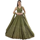 Eilara Semi-Stitched Lehenga Choli Set for Women | Olive Green Faux Georgette | 3mm & 5mm Sequin Zari Embroidery | 4 Meter Fl