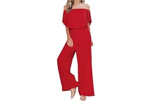HAOLEI Femme Salopette Combinaison Ete Chic San Manche Jumpsuits Une éPaule Romper Longue Pantalon Couleur Unie Jambes Larges Barboteuse