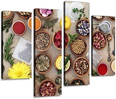 Herb Tea Sampler Canvas Wall Art Modern Home Decoration Digital Printing Exclusive Photography Picture with Wooden Frame Ready to Hang 4 panel