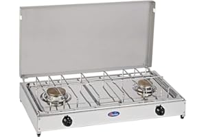 CASELLATO FORNELLO DA TAVOLO PARKER GAS GPL (BOMBOLE) 2 FUOCHI CON PIANALE IN ACCIAIO INOX TELAIO GRIGIO + KIT REGOLATORE BOMBOLE ATTACCO ITALIA