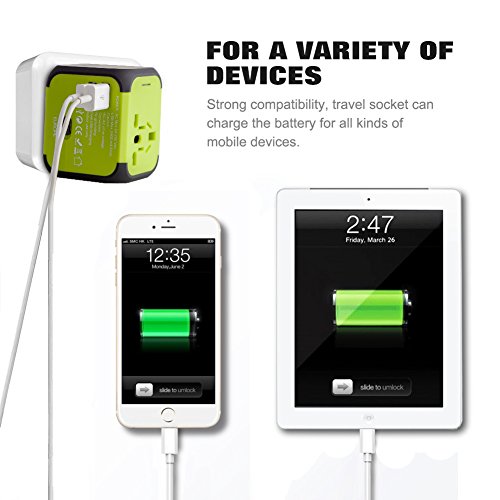 Milool universellen Reise-Adapter mit Doppel USB-Ports aus 150 Ländern weltweit US UK EU AU Universal fusionierten Sicherheit AC-in einem Ladegerät(Grün) - 5