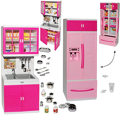 Preisvergleich Produktbild XL Set: Kühlschrank mit Eiswürfelspender & Spühle - mit Zubehör - Geschirr & Töpfe - für Puppenhaus - Miniatur für Puppenstube - passend für alle gängigen Modepuppen - Plastik / Kunststoff rosa - Puppenhausmöbel - Küche - Möbel - Miniatur Diorama - Küchenmöbel - Gefrier-Kombination - Puppenküche / Puppenzubehör - Modepuppe