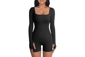 HSAJS Jumpsuit Damen Langarm Gerippter Kurz Eng Yoga Bodysuit Overall mit Eckigem Ausschnitt Stretch Bodycon Romper Sportanzug Einteiler Hosenanzug Trainingsanzug