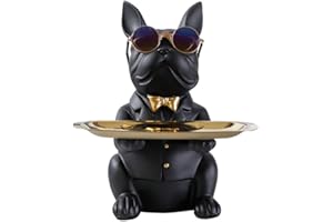 LYEAA Statuetta di bulldog in resina, con vassoio, decorativa, da interni (colore: nero)