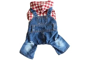 FEILING Camisa de Cuadros para Perros, Mono de Cuatro Patas, Ropa cómoda Vaquera, Peto para Perros, Camiseta con Capucha, Mono para Cachorros y Perros pequeños (Large)