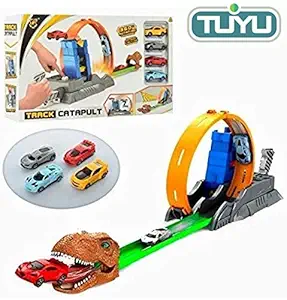 TUYU Speed Track Catapult Car Playset Kids Toy Set with Dinosaur Model 4 Cars Vehicles - Children Birthday Gift Toys