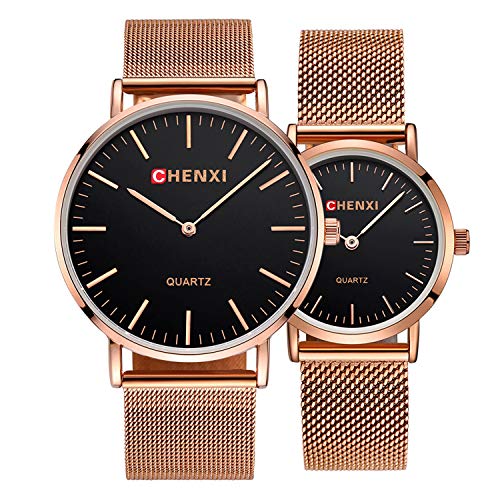 SUNWH Reloj de Pareja, Moda Slim Minimalista Impermeable Negro Reloj analógico de Cuarzo