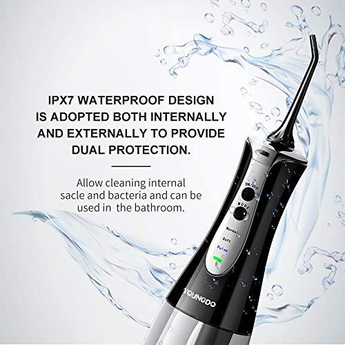 YOUNGDO Jet Dentaire Hydropulseur 300ML sans Fil Portable USB Rechargeable Étanche avec 4 Buses/3 Modes/2 Bouton pour Soins Hygiène Dents