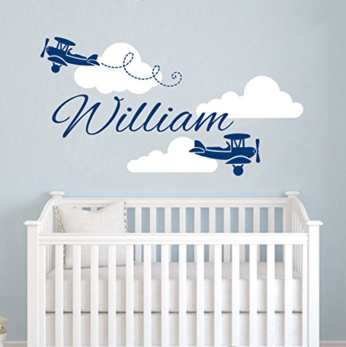 Airplane Wall Decal - Clouds Name Vinyl Sticker Personalized Custom Name Biplane Clouds Wall Decals Plane Kids Children Name Nursery Boys Room Decor