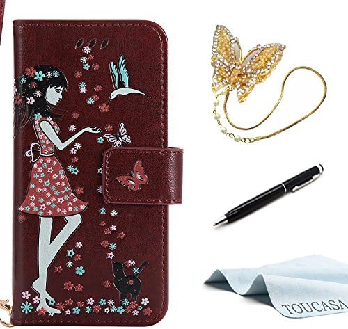 Galaxy S4 Case,Galaxy S4 Leather Case,TOUCASA® Embossed Cute Girl and Cat Floral Pattern [Night Luminous] PU Leather Flitp Wallet Stand Case Cover for Samsung Galaxy S4 + Free Touch Stylus Pen &amp; Dust Plug-Brown