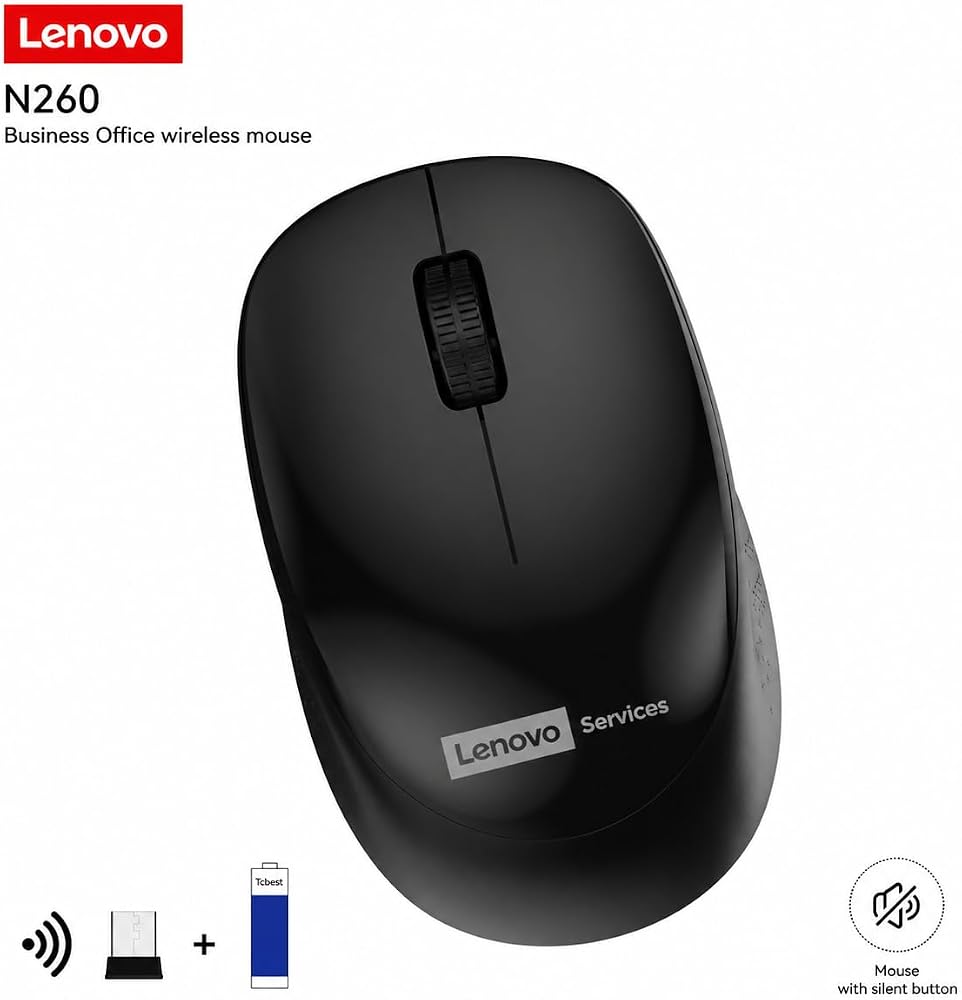Lenovo N260 Sessiz Kablosuz Mouse, 1200 DPI, 20 Metre Menzil, Otomatik Kapanma ve Uyku Modu, Nano USB Alıcı (Wireless Silent Mouse), 870042253 (Siyah)