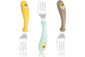JEYORZY 3 Pezzi Forchetta Bambini Inossidabile Posate per Bambini Acciaio, Lavabile In Lavastoviglie senza BPA con supporto in silicone design anti-soffocamento per Neonati, Bambini(Anatroccolo)