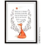ABOUKI hochwertiger Kunstdruck - ungerahmt - "Hör nie auf zu träumen..." mit Motiv Fuchs Poster Fine-Art-Print, Geschenk, Geschenkidee, Druck, Illustration, Bild mit Spruch, Statement, Typografie, Typo, Wandbild, Plakat, Zitate & Sprüche, Motivation