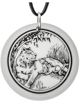 Handgemachte Löwin Totem Runde Porzellan Anhänger (auf schwarzer Schnur)