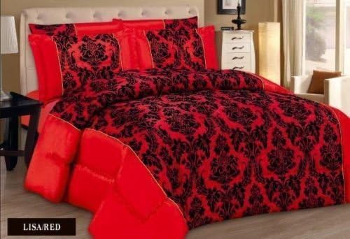 Luxury Red 3 pieces Lisa comforter bedspread floral pattern quilted flock damask With 2 Pillow shams Double, King &amp; Super King sizes (DOUBLE, RED)