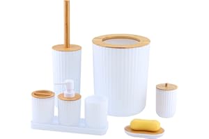 MissFox 8-teiliges Badezimmer Zubehör Set, Seifenspender Set aus Bambus, Badezimmerset mit Lotionspender, Mülleimer, Seifenschale, Zahnbürstenhalter, Zahnputzbecher, Toilettenbürste und Tablett