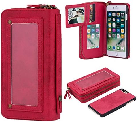 Case for Apple iPhone Detachable Wallet Cover with Mirror Wrist Strap Magnetic Slim Dual Zipper Pouch Folio Flip Leather Holster Card Slot Holder Case (Red, for iPhone 7 Plus/8 Plus (5.5"))