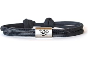 Personalised Children's Bracelet with Name Engraving for Boys & Girls - Communion Gift with Engraving Made of Stainless Steel & Nylon - Bracelet with Fish Symbol for Confirmation, Confirmation, Christening