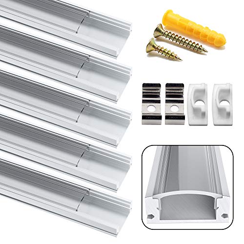 Profilé Aluminium LED, Jirvyuk de 5 x 1 Mètre LED Profilé en Aluminium pour LED Bande Lumières Avec Blanc Transparent Couvercle, Embouts et Clips de Montage en Métal (Transparent-U)
