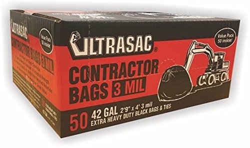 Ultrasac Heavy Duty Contractor Bags (Value 50 Pack/w Ties), 42 Gallon, 32.75" X 47" - 3 MIL Thick Large Black Industrial Garbage Trashbags for Construction and Commercial use