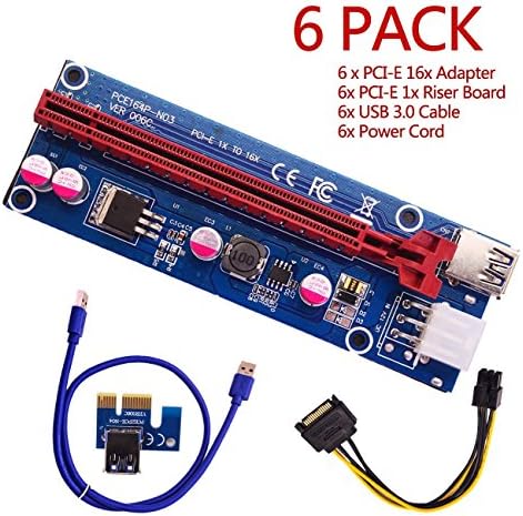 Pcie Riser, 6-Pack PCI-E Riser Board 006C 1-16x to 1x Powered Riser Adapter Card w/ 60cm USB 3.0 Extension Cable &amp; 6-Pin PCI-E SATA Power Cable -GPU Riser Adapter - Ethereum Mining ETH