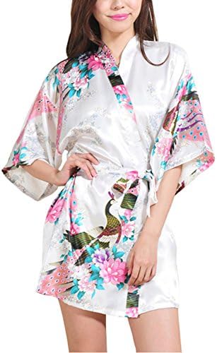 Waymoda Women Luxury Silky Satin Evening Dressing Gown, Ladies Peacock and Blossoms Pattern Kimono Pajamas, 10+ Color, 4 Sizes Optional - Short style