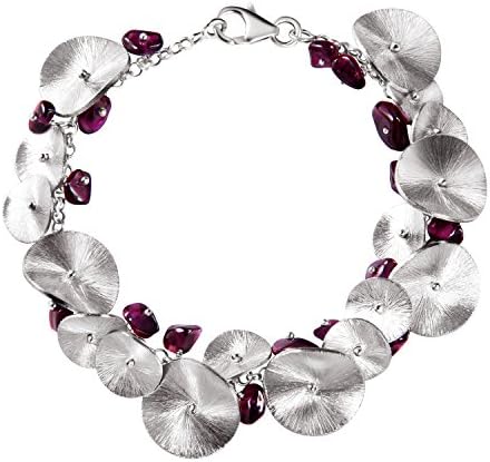 Franki BakerNatural Garnet Gemstones and Brushed UK Sterling Silver Lily Pad Bracelet. Suit Small Wrist 17cm