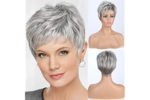 EMMOR Pelucas cortas de cabello humano plateado gris para mujeres, mezcla con fibra de memoria saludable. Peluca rizada pixie con flequillo, cabello natural para uso diario