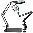 Magnifying Glass with Light and Stand, 2 in 1 Magnifying Lamp Metal Arm Magnifier with Light,Table Magnifier Lamp with 3 Colors Modes, 10 Dimmer Levels and Memory Function