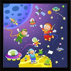 Pitaara Box Boy Girl Astronaut in Space Scenes Canvas Painting Black Synthetic Frame 14 x 14 inch (36 x 36 cms)
