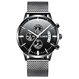 Uhr,Herrenuhren,Luxus echtes Leder Band LED Analog Digital Japanisch Quarz-Armbanduhr,Zwei Zeitzonen zeigen Multifunktions-Sport-Mode-Uhren für Männer an (ALLBlack)