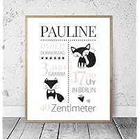 Kinderposter Geburtsanzeige Namensbild mit Fuchs- Geburtsdruck mit Wunschname und individuellen Daten für Mädchen, Geschenkidee zur Geburt, Taufe, Geburtstag; Kinderzimmer Wandbild - ungerahmt