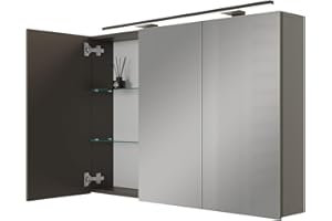 ‎PLANETMÖBEL Planetmöbel ARIA Spiegelschrank Bad mit Beleuchtung 120 cm breit | Badschrank hängend mit Spiegel | Anthrazit, mit Leuchte und Steckdose, Spiegelschrank Gäste WC 120 x 70 x 16 cm