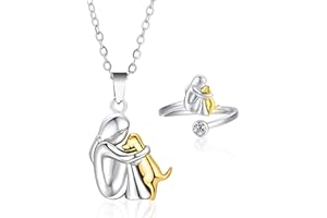 FUGLUS Collar de perro,Collar de abrazo de perro y niña, colgante de plata de ley 925 con forma de animal, para niñas, hijas, madres y amigas,Regalo para amantes de los perros