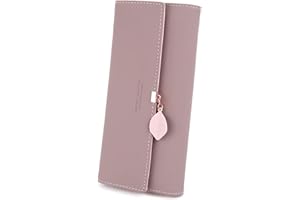 RRANCharltu Portefeuille Femme Longue Porte-Cartes Porte-Monnaie à glissière avec Feuille Pendentif en PU Cuir, 10 Emplacements Cartes pour Cadeau de Noël Saint-Valentin (Mauve Pâle)