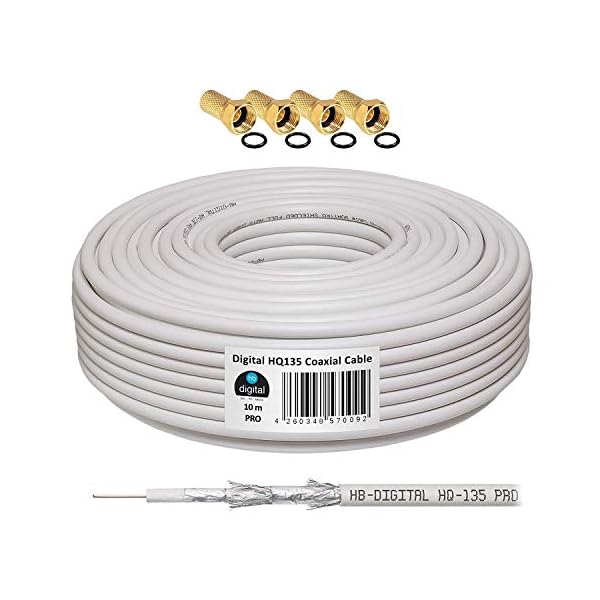 130dB Koaxial SAT Kabel HQ-135 PRO 4-Fach geschirmt für DVB-S / S2 DVB-C und DVB-T BK Anlagen + 10 vergoldete F-Stecker Set Gratis dazu