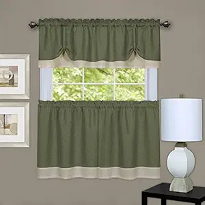 Achim Home Furnishings Darcy Window Curtain Tier and Valance Set, Green & Camel, Pair 58 x 24 with 14