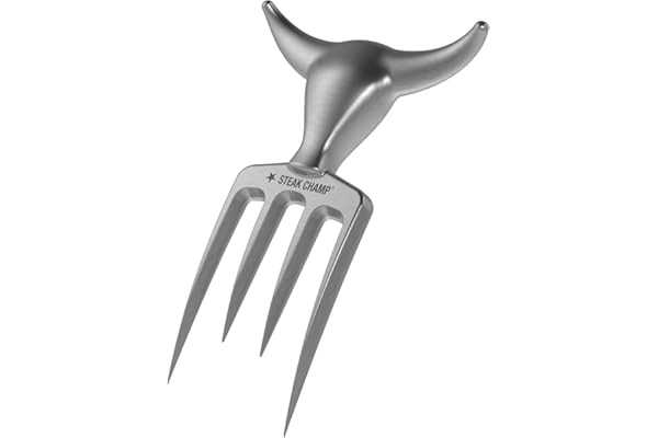 Steak Champ Bull Fork Fourchette à viande, 16,5 cm : Fourchette de service massive, en alliage de zinc, chromée, couverts à découper, lavable au lave-vaisselle