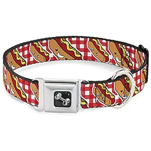 Buckle-Down Hot Dogs Buffalo Plaid White/Red Dog Collar Bone, Small/9-15