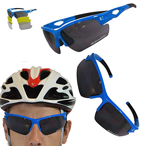 VeloChampion Tornado Occhiali da Sole, Blu, con 3 Set di Lenti intercambiabili e Custodia Morbida