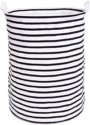 Foldable Laundry Hamper Large Bucket Waterproof Coating Cotton Ramie Fabric Collapsible Cylindric Closet Storage Bin Bag Burlap Canvas Storage Basket Bucket 19.7" Black and White Strips Design