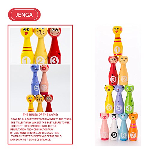 MXtechnic Wooden Bowling Ball with Numbers ,Cute Cartoon Animal Multicolor Skittles Set Sport Toys for Baby Infant Kids --MINI Edition (10 Pins + 3 Balls) (Wooden Bowling Ball)
